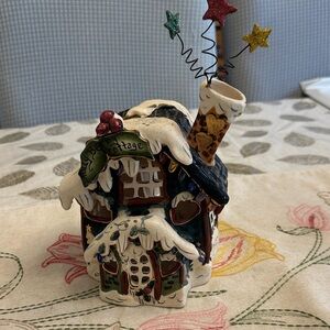 Blue Sky Holly Berry Cottage by Heather Goldmine ceramic Christmas cottage